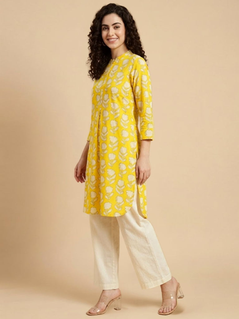 Pspeaches Women Cotton Full Sleeves Mandarin Collar Floral Print Kurta With Pant 2 Piece Set - Yellow & White