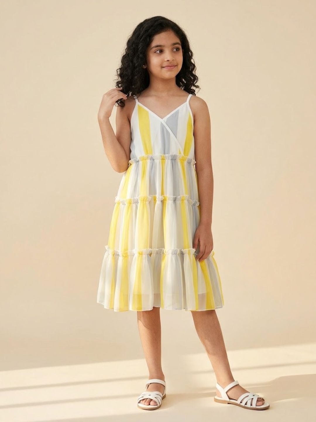 Girls Multicolor Striped Sleeveless Asymmetric Dress (D-GREYYELLOWSTRIPE)