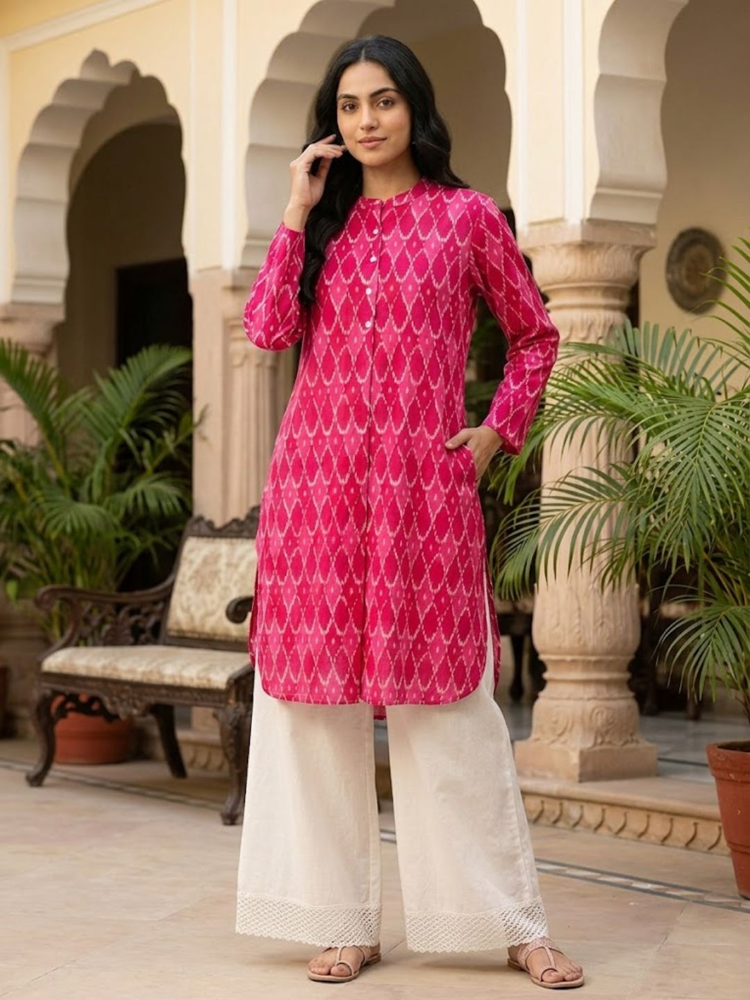 Pspeaches Women Cotton Full Sleeves Mandarin Collar Ikkat Print Kurta With Pant 2 Piece Set - Magenta &amp; White