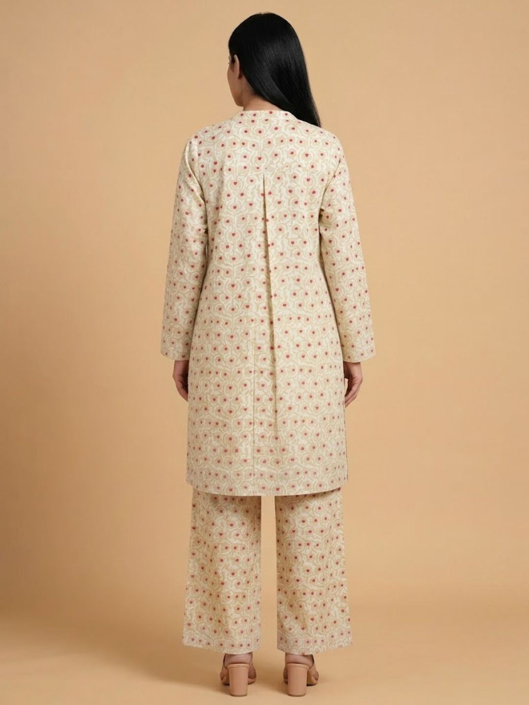 Pspeaches Women Cotton Full Sleeves Mandarin Collar Floral Print Kurta With Pant 2 Piece Set - Beige
