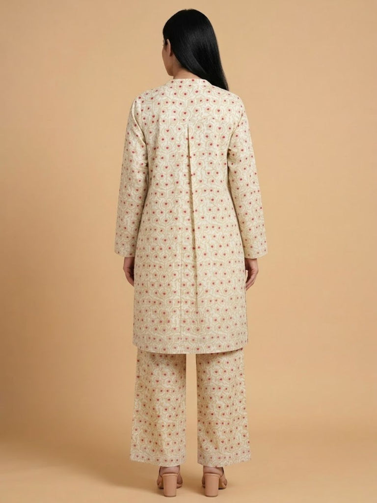 Pspeaches Women Cotton Full Sleeves Mandarin Collar Floral Print Kurta With Pant 2 Piece Set - Beige