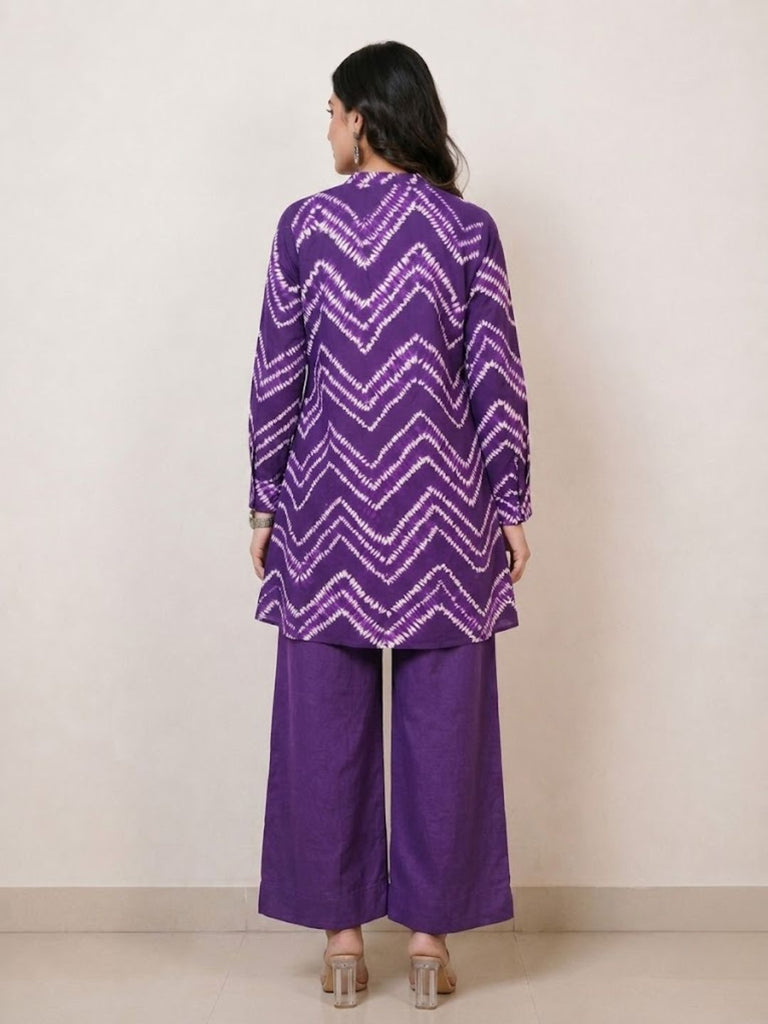 Pspeaches Women Cotton Full Sleeves Mandarin Collar Bandhani Print Kurta With Pant 2 Piece Set - Purple