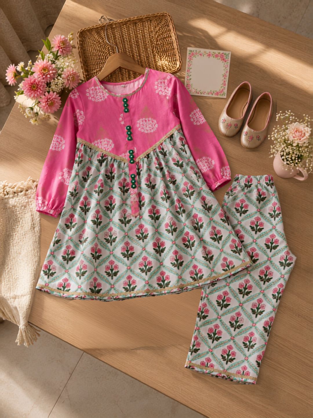 Girls Floral Printed Loose Fit Patch Work Kurta With Pants (KS-OFFWHITEBOOTI)