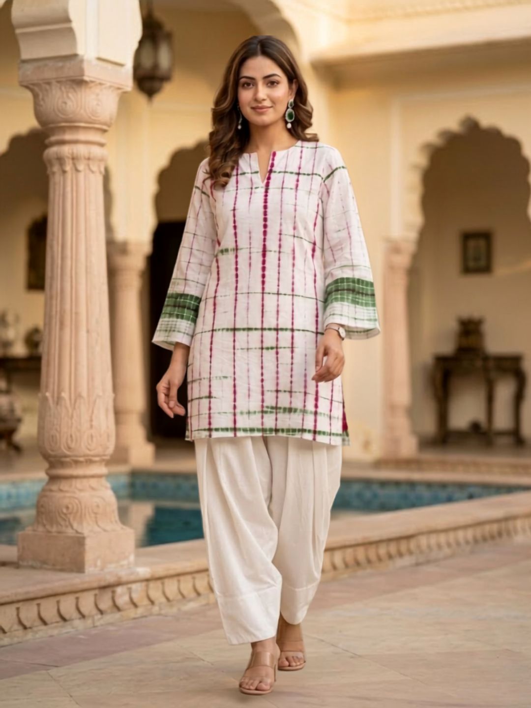 Pspeaches Women Cotton Full Sleeves Mandarin Collar Bandhani Print Kurta With Pant 2 Piece Set - White
