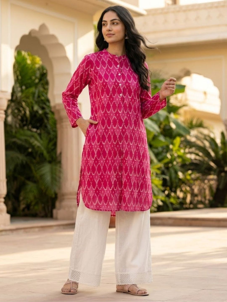 Pspeaches Women Cotton Full Sleeves Mandarin Collar Ikkat Print Kurta With Pant 2 Piece Set - Magenta & White