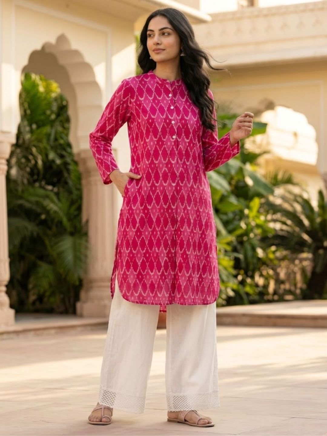 Pspeaches Women Cotton Full Sleeves Mandarin Collar Ikkat Print Kurta With Pant 2 Piece Set - Magenta &amp; White