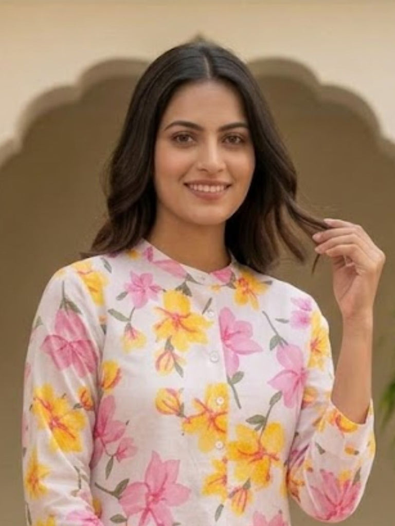 Pspeaches Women Cotton Full Sleeves Mandarin Collar Floral Print Kurta With Pant 2 Piece Set - Offwhite
