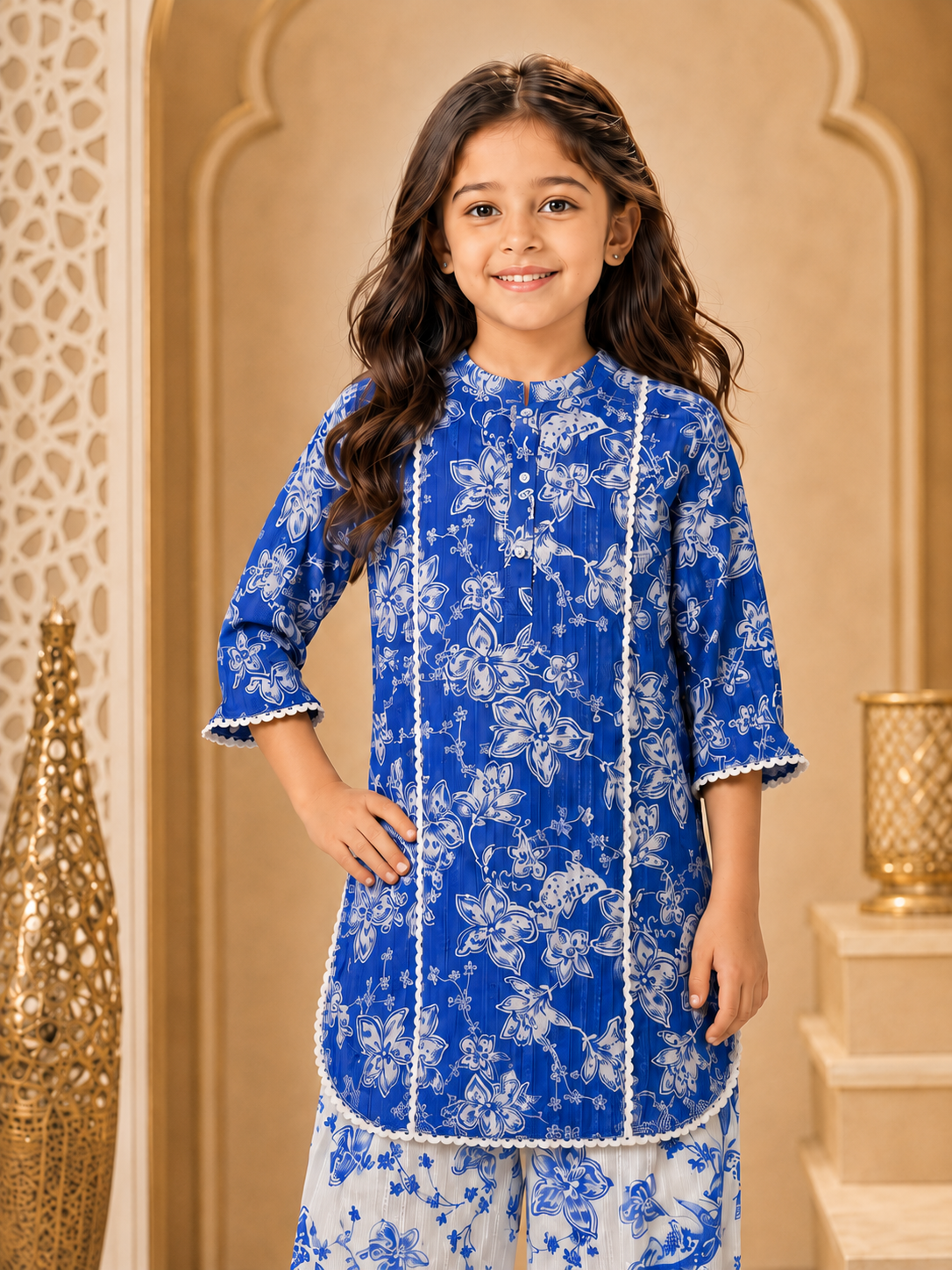 Girls Floral Printed Straight Fit Kurta With Pant (KS-FLORALBLUE)