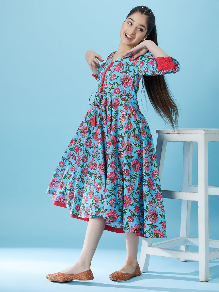 Pspeaches Girls Floral Printed Fit & Flare Cotton Midi Dress (IW-JAALBLUE)