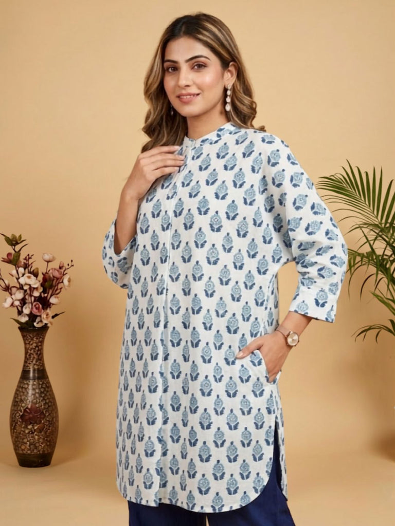 Pspeaches Women Cotton Full Sleeves Mandarin Collar Floral Print Kurta With Pant 2 Piece Set - White & Blue