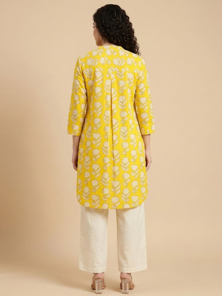 Pspeaches Women Cotton Full Sleeves Mandarin Collar Floral Print Kurta With Pant 2 Piece Set - Yellow & White