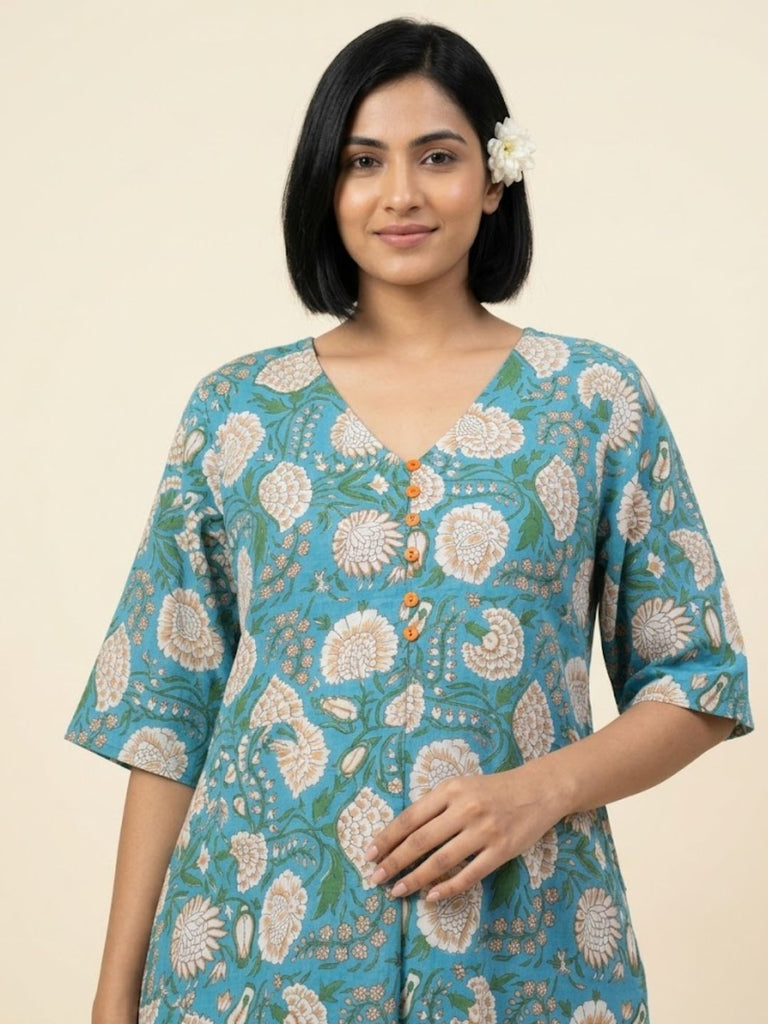 Pspeaches Women Cotton Half Sleeves V-Neck Floral Print Kurta With Pant 2 Piece Set - Blue & Orange