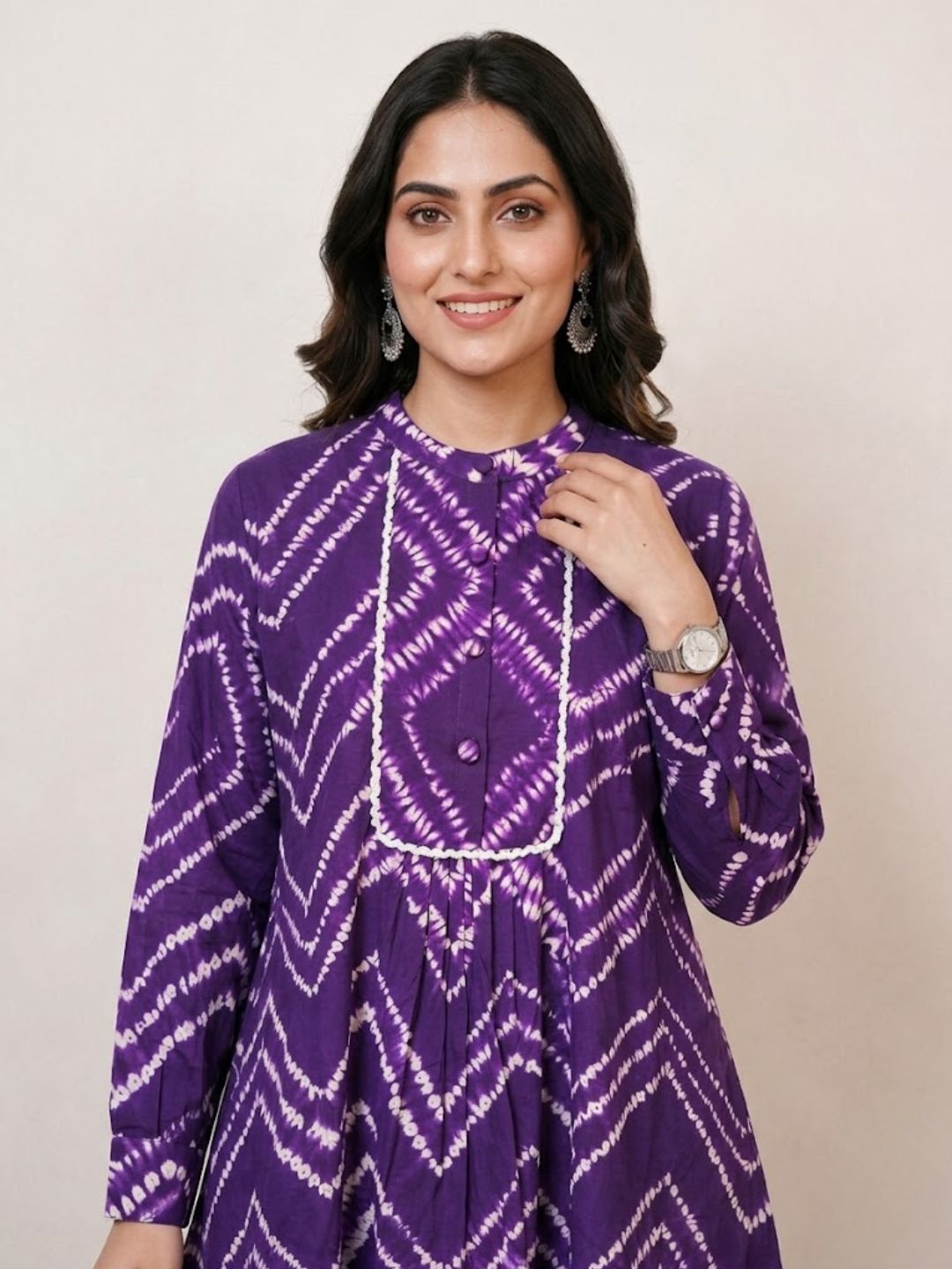 Pspeaches Women Cotton Full Sleeves Mandarin Collar Bandhani Print Kurta With Pant 2 Piece Set - Purple