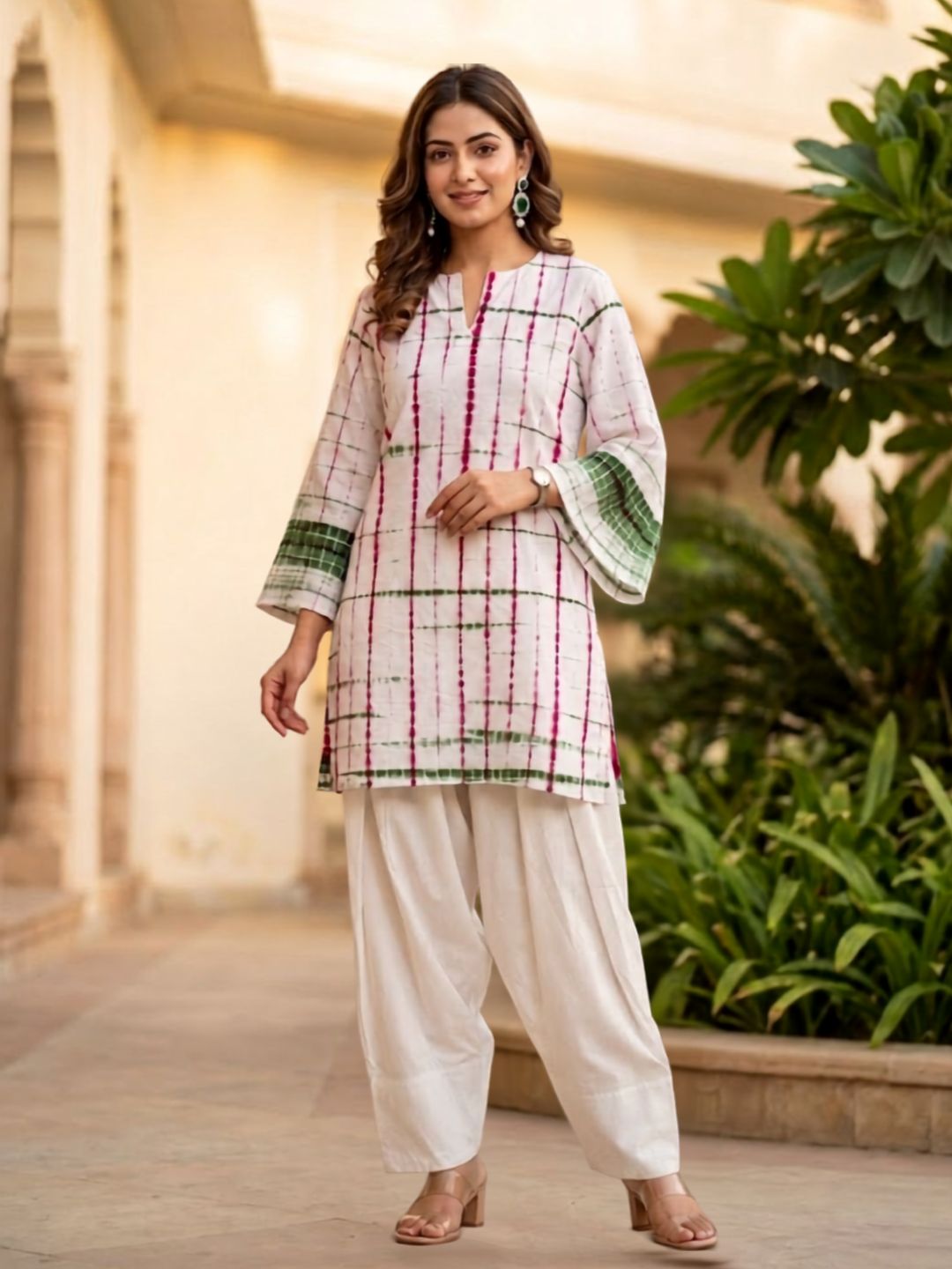 Pspeaches Women Cotton Full Sleeves Mandarin Collar Bandhani Print Kurta With Pant 2 Piece Set - White
