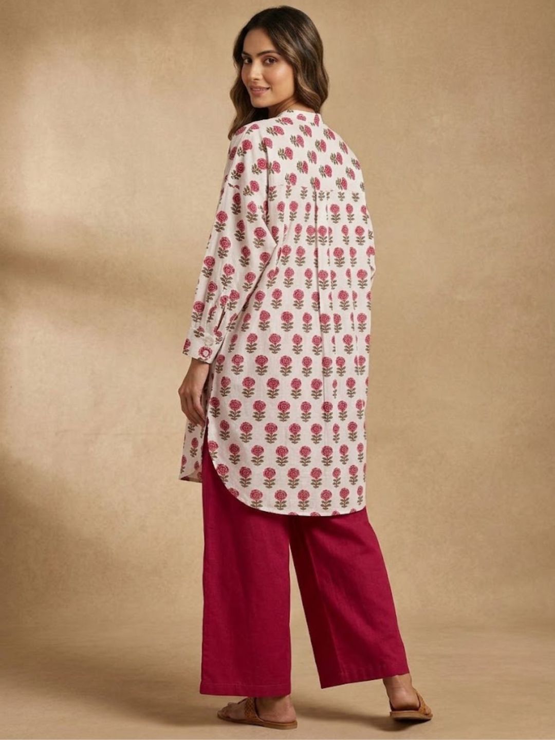 Pspeaches Women Cotton Full Sleeves Mandarin Collar Floral Print Kurta With Pant 2 Piece Set - White & Maroon