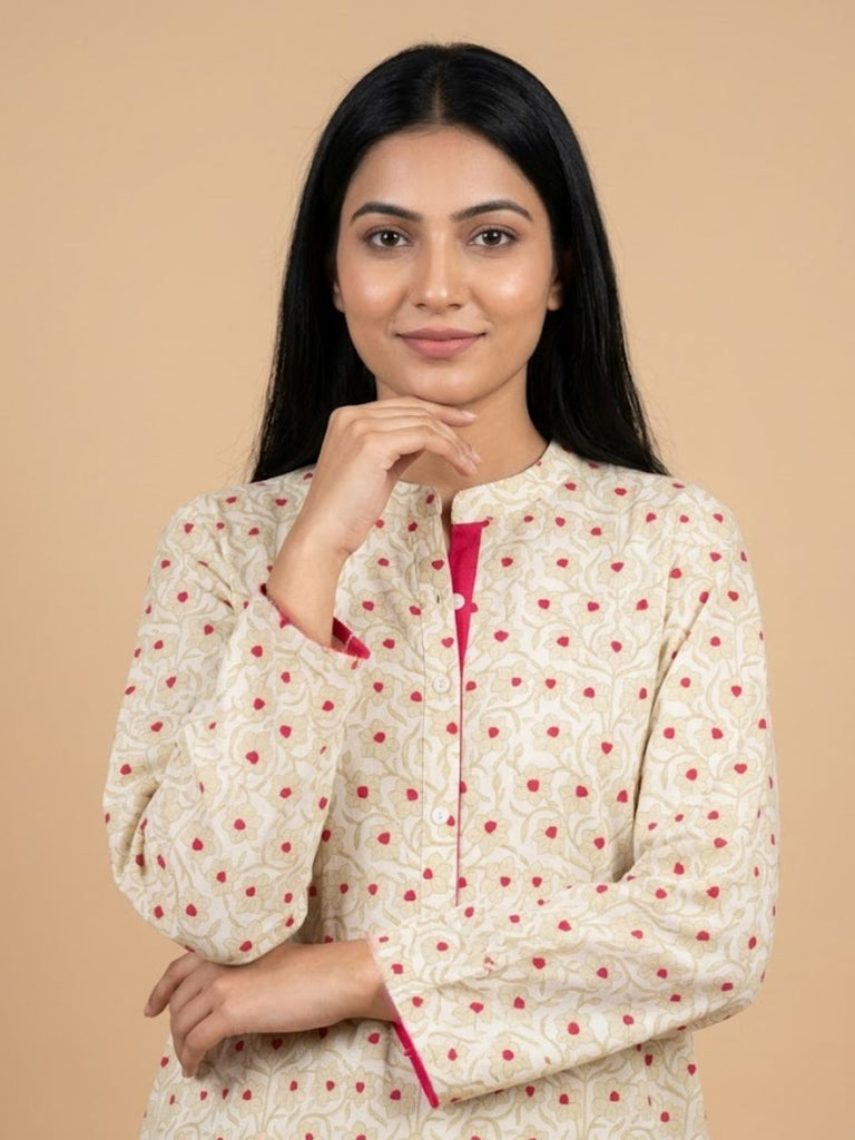 Pspeaches Women Cotton Full Sleeves Mandarin Collar Floral Print Kurta With Pant 2 Piece Set - Beige