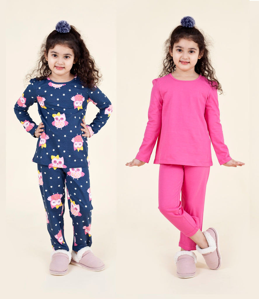 Pspeaches Girls Navy Blue Pink Pack Of 2 Night Suit (NW-OWL COMBO)
