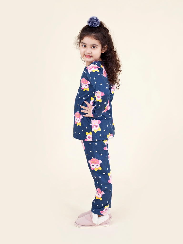 Pspeaches Girls Navy Blue Pink Pack Of 2 Night Suit (NW-OWL COMBO)