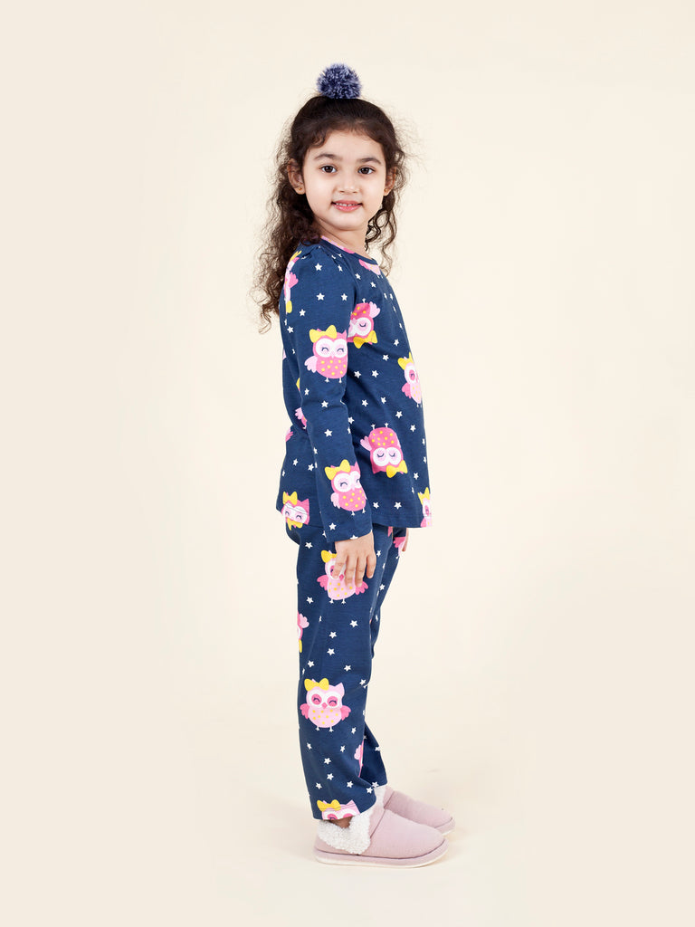 Pspeaches Girls Navy Blue Pink Pack Of 2 Night Suit (NW-OWL COMBO)
