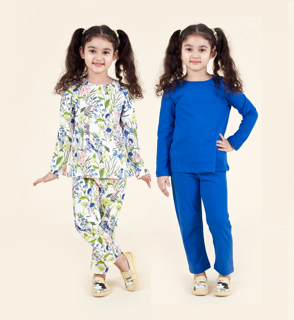 Pspeaches Girls Multicoloured Blue Pack Of 2 Printed Night Suit (NW-BIRD MULTI COMBO)