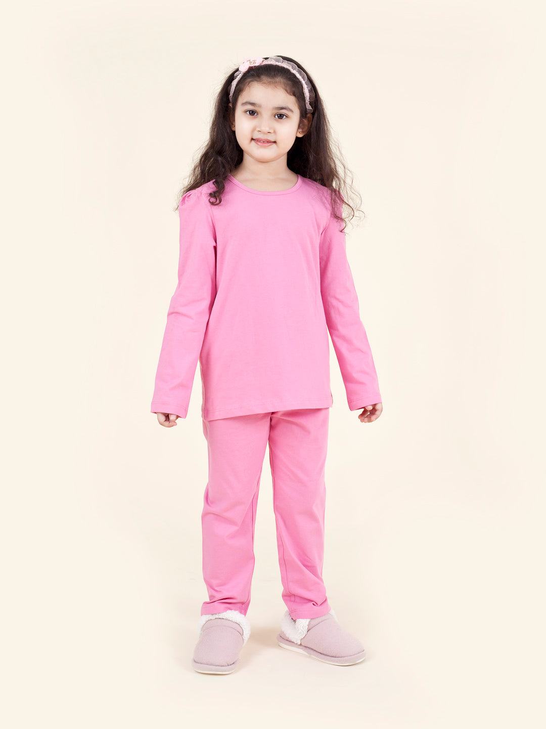Pspeaches Set-2 Girls Pink Grey Printed Night Suit (NW-PINK JUNGLE COMBO)