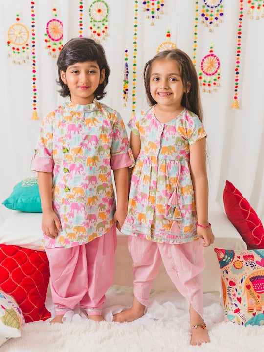 Pspeaches Kids-Boys Pink Floral Printed Pure Cotton Kurta With Trousers And Nehru Jacket (KP-PINK ELEPHANT)