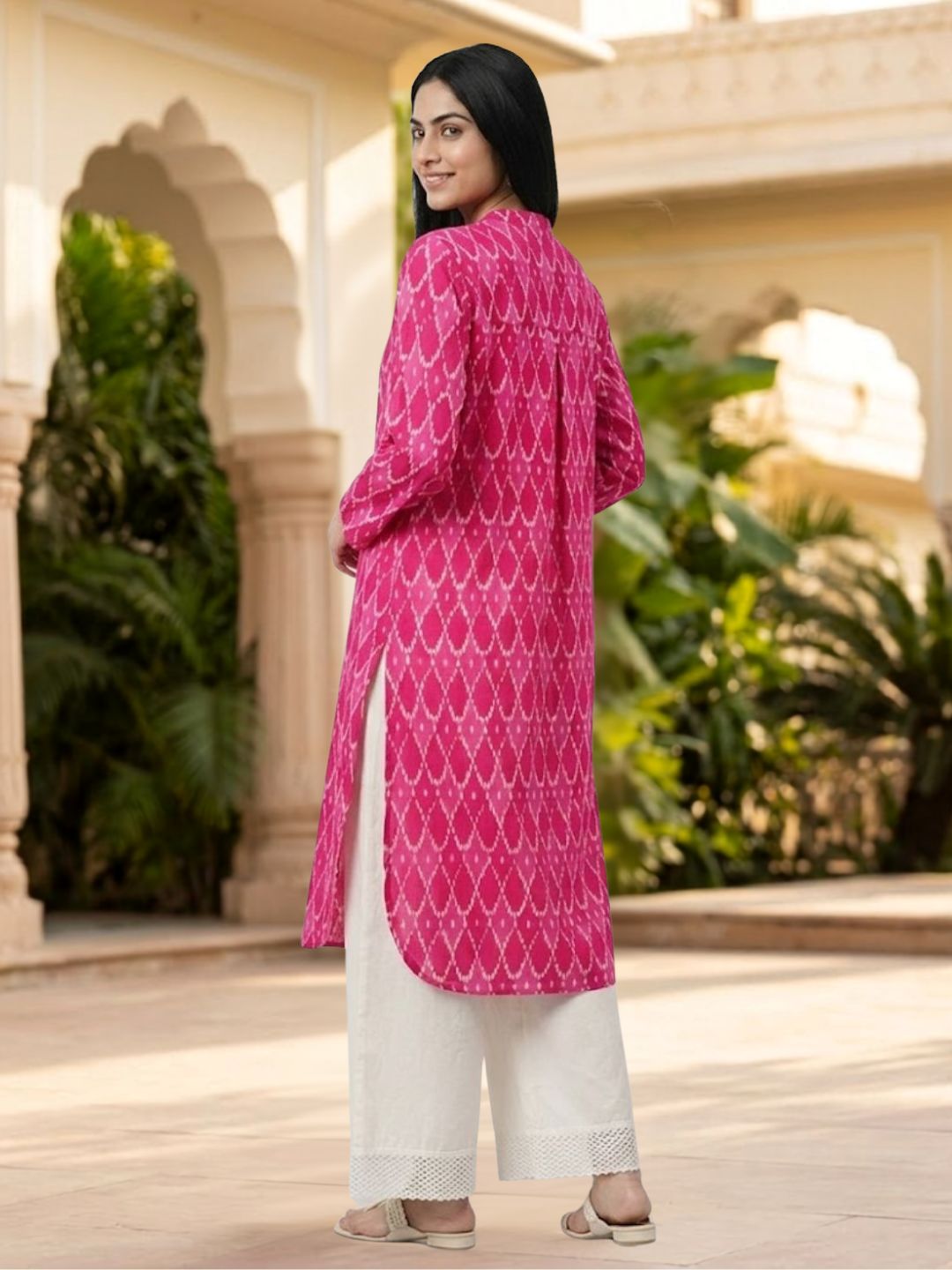 Pspeaches Women Cotton Full Sleeves Mandarin Collar Ikkat Print Kurta With Pant 2 Piece Set - Magenta &amp; White