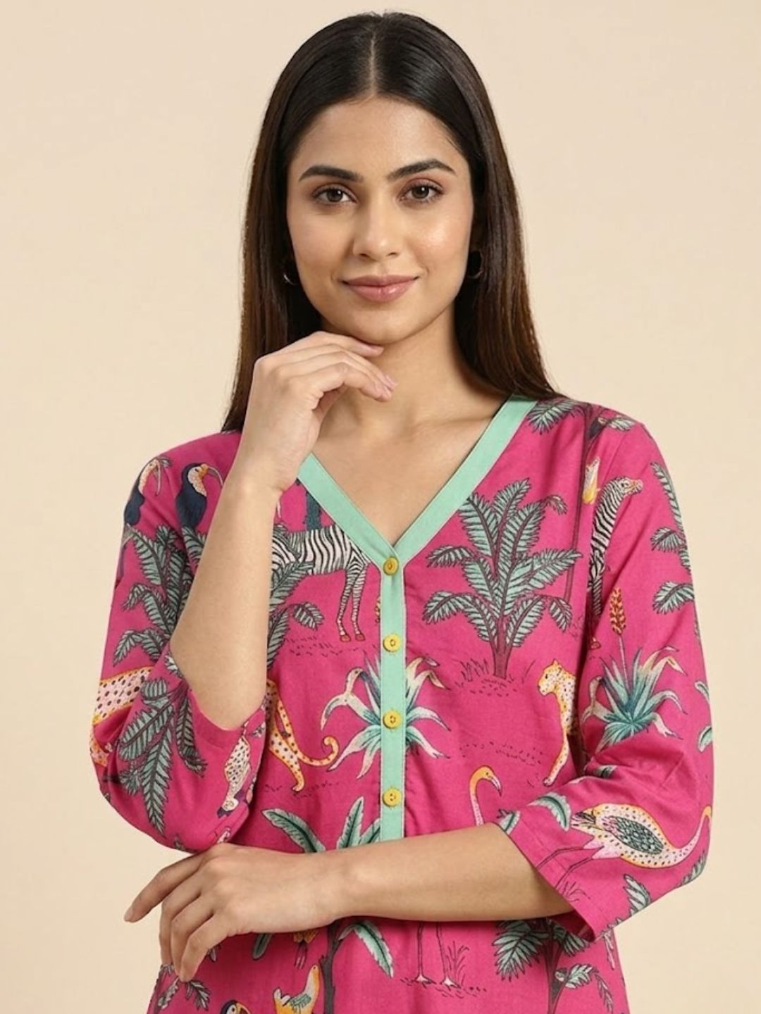 Pspeaches Women Cotton 3/4th Sleeves V Neck Animal Print Kurta With Pant 2 Piece Set - Pink & Green