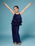 Girls Self Design Sleeveless Top with Palazzos (s-navypleat)