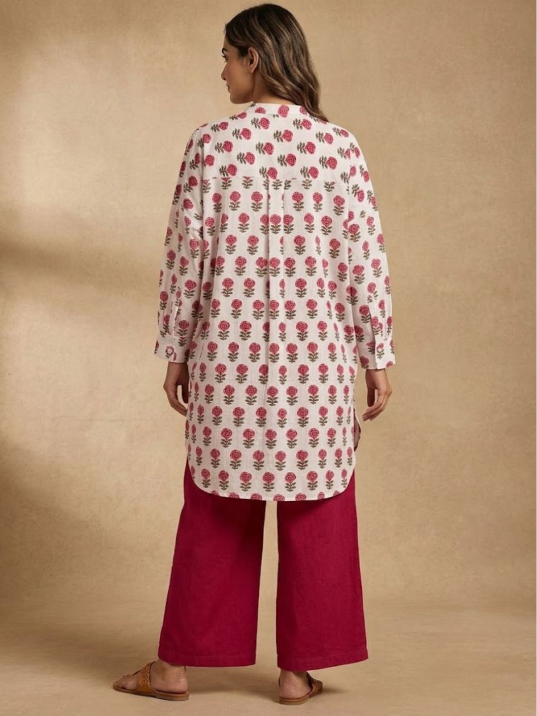 Pspeaches Women Cotton Full Sleeves Mandarin Collar Floral Print Kurta With Pant 2 Piece Set - White & Maroon