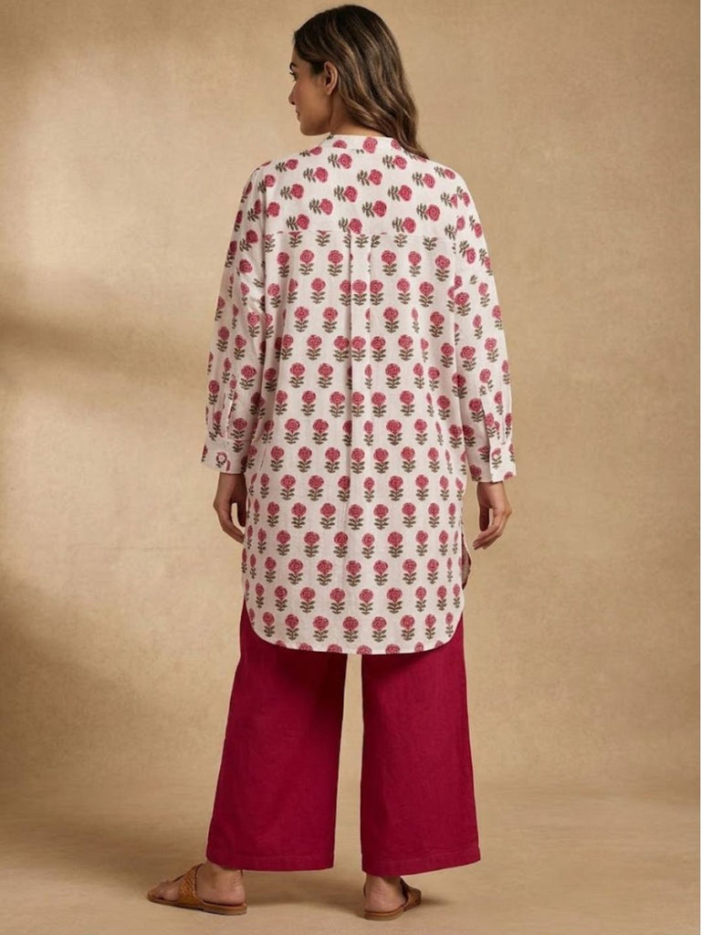 Pspeaches Women Cotton Full Sleeves Mandarin Collar Floral Print Kurta With Pant 2 Piece Set - White & Maroon