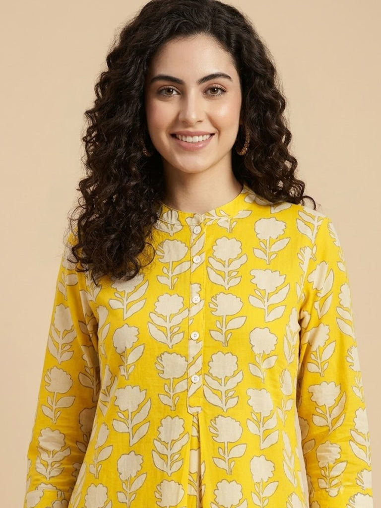 Pspeaches Women Cotton Full Sleeves Mandarin Collar Floral Print Kurta With Pant 2 Piece Set - Yellow & White