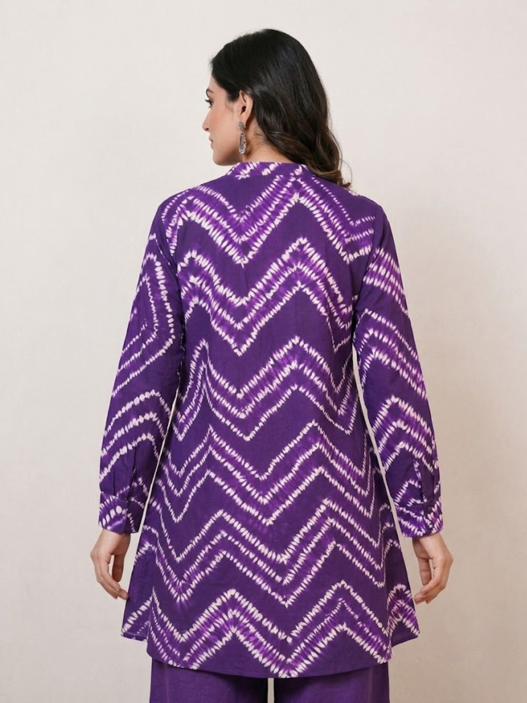 Pspeaches Women Cotton Full Sleeves Mandarin Collar Bandhani Print Kurta With Pant 2 Piece Set - Purple