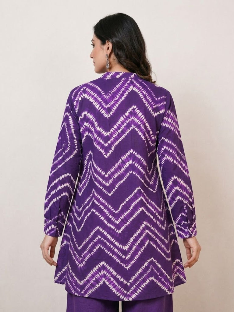 Pspeaches Women Cotton Full Sleeves Mandarin Collar Bandhani Print Kurta With Pant 2 Piece Set - Purple