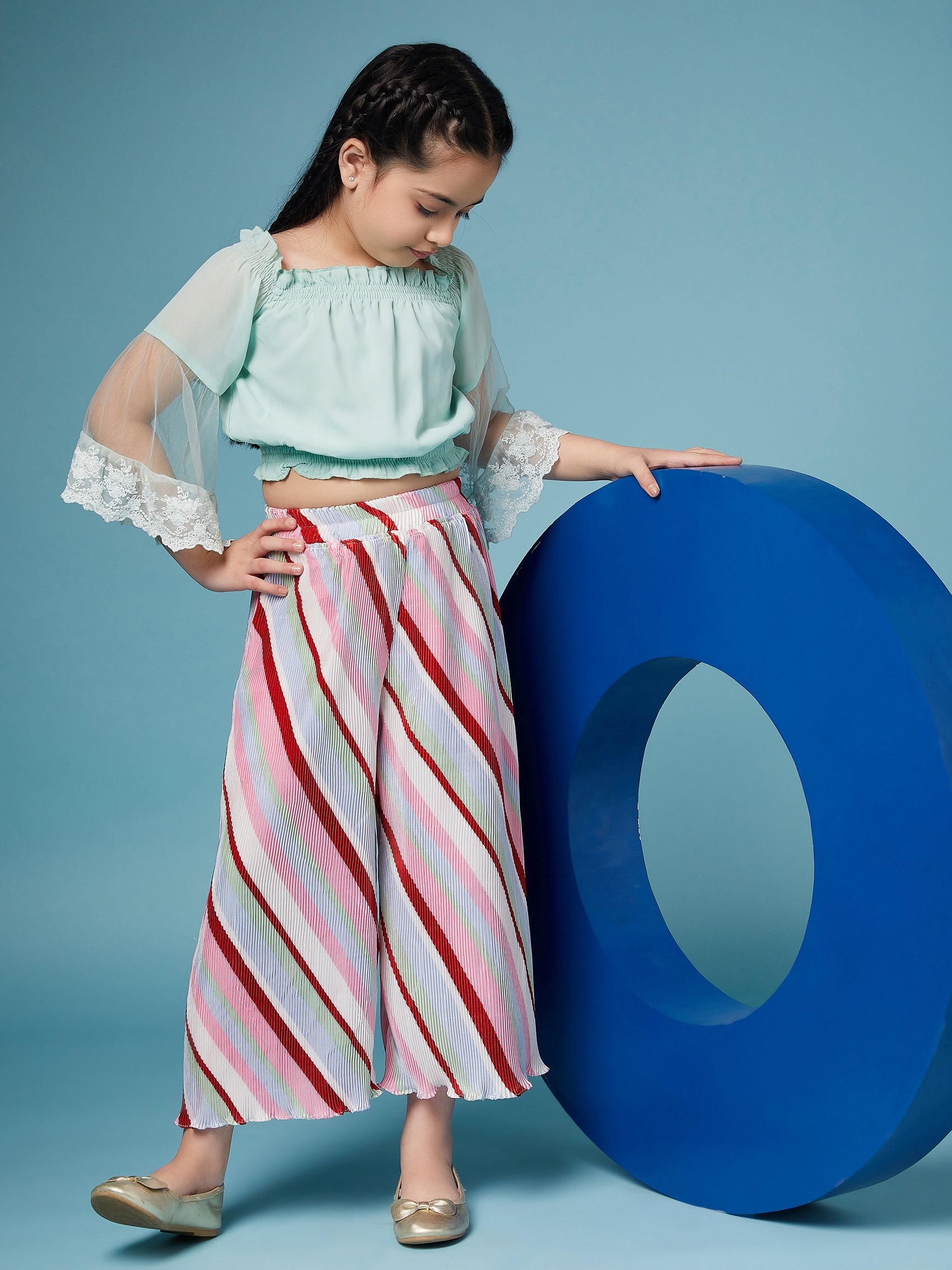 Girls Square Neck Top With Striped Palazzos (s-pleastripe)