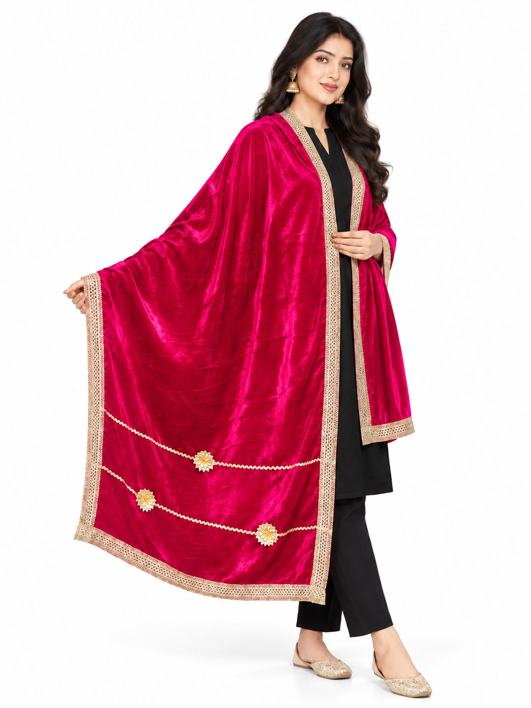 Pspeaches Women's Ethnic Fuchsia Pink Solid Velvet Stole for Women