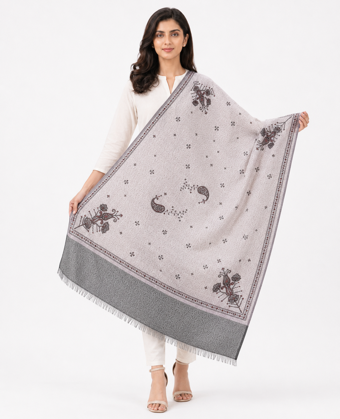 Pspeaches Women's Grey Rotto Printed Woolen Shawl