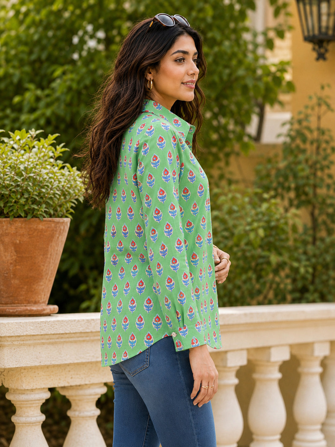 Pspeaches Women Cotton Full Sleeves Collared Neck Floral Print 1 Piece Shirt - Green
