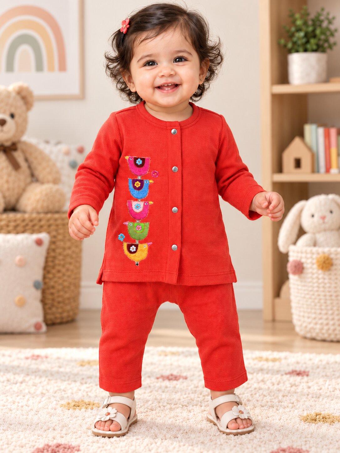 Pspeaches Baby Girls Western Red Cotton Rib Full Sleeves Round Neck Solid Embroidered Top with Pant 2 Piece Set ( Sku-Ing-S-Coordred )