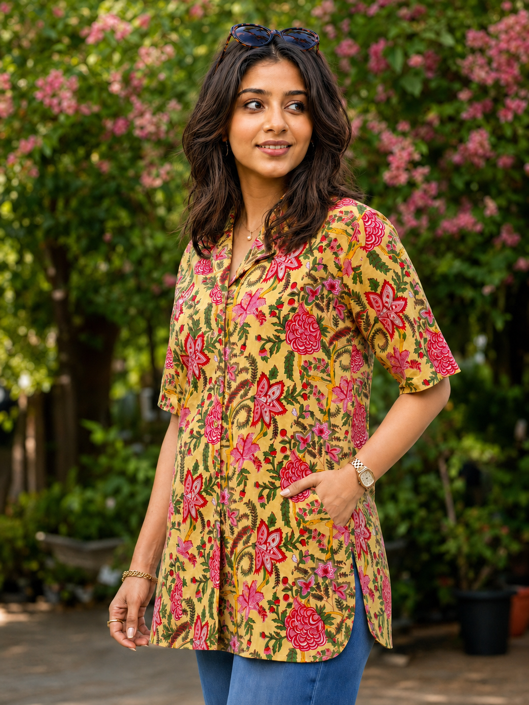 Pspeaches Women Cotton 3/4Th Sleeves Collared Neck Floral Print 1 Piece Shirt - Yellow