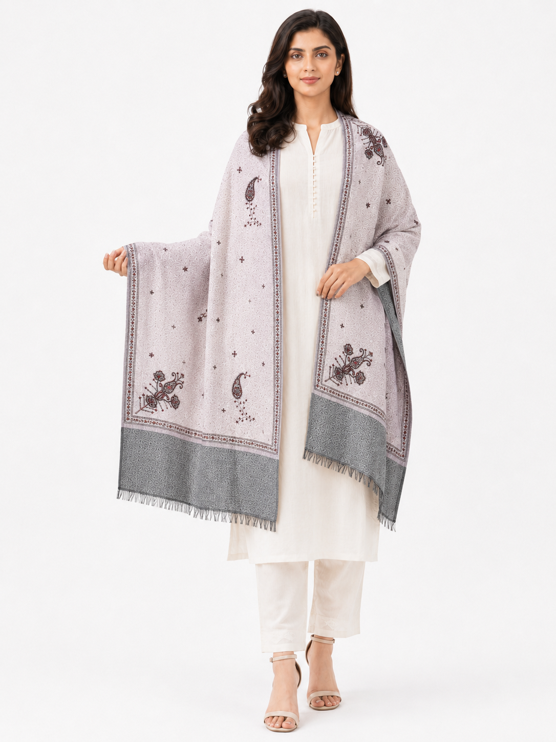 Pspeaches Women's Grey Rotto Printed Woolen Shawl
