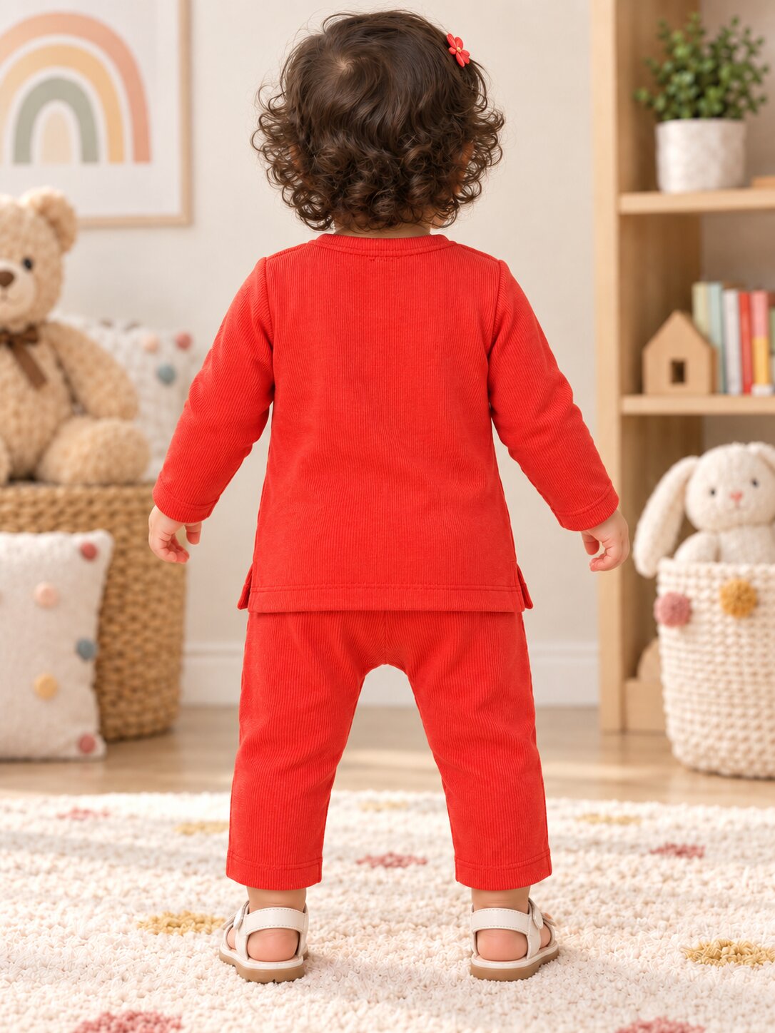 Pspeaches Baby Girls Western Red Cotton Rib Full Sleeves Round Neck Solid Embroidered Top with Pant 2 Piece Set ( Sku-Ing-S-Coordred )