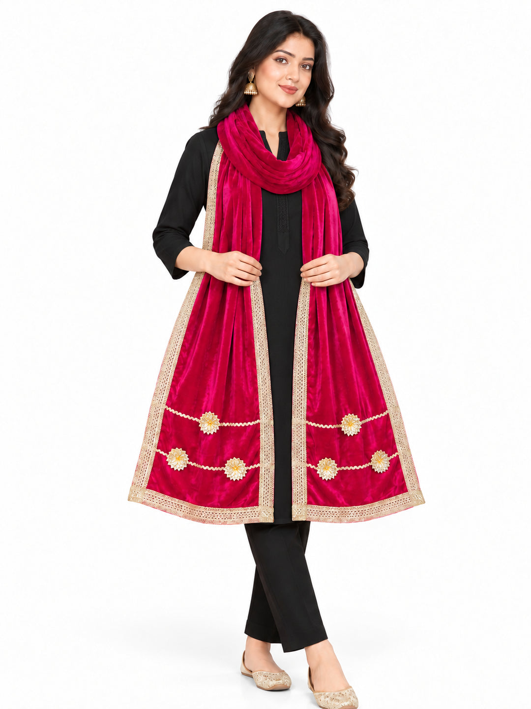 Pspeaches Women's Ethnic Fuchsia Pink Solid Velvet Stole for Women