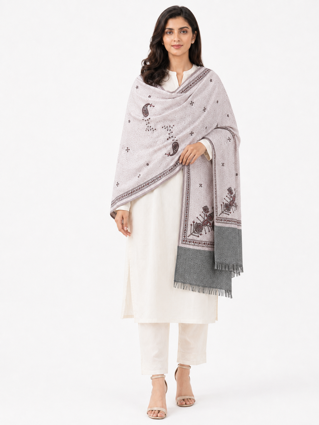 Pspeaches Women's Grey Rotto Printed Woolen Shawl