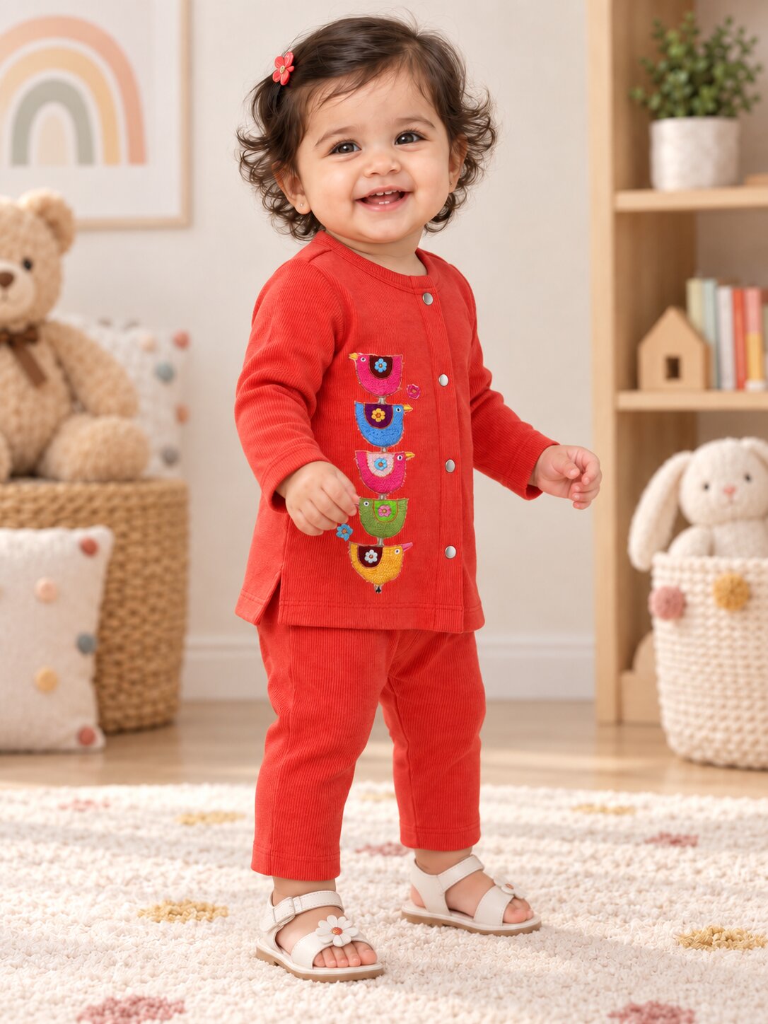 Pspeaches Baby Girls Western Red Cotton Rib Full Sleeves Round Neck Solid Embroidered Top with Pant 2 Piece Set ( Sku-Ing-S-Coordred )
