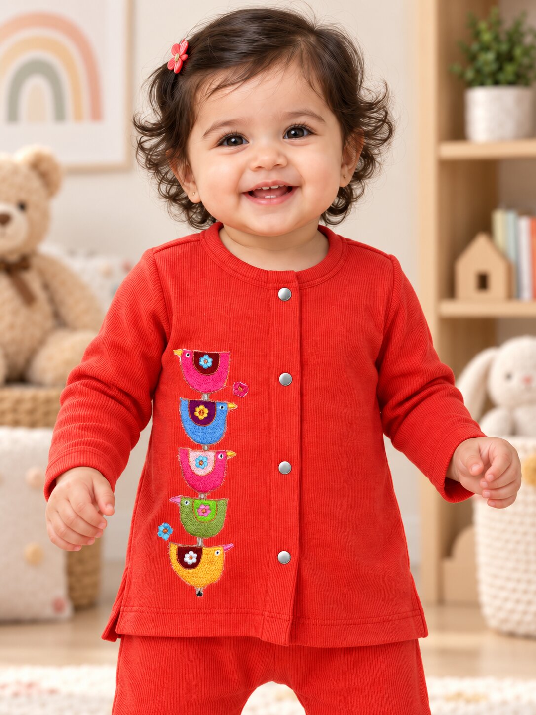 Pspeaches Baby Girls Western Red Cotton Rib Full Sleeves Round Neck Solid Embroidered Top with Pant 2 Piece Set ( Sku-Ing-S-Coordred )