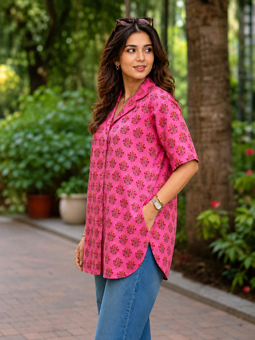 Pspeaches Women Cotton 3/4Th Sleeves Collared Neck Floral Print 1 Piece Shirt - Pink