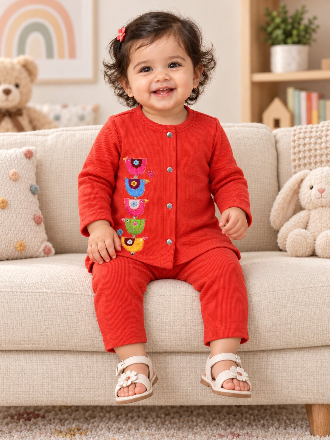 Pspeaches Baby Girls Western Red Cotton Rib Full Sleeves Round Neck Solid Embroidered Top with Pant 2 Piece Set ( Sku-Ing-S-Coordred )