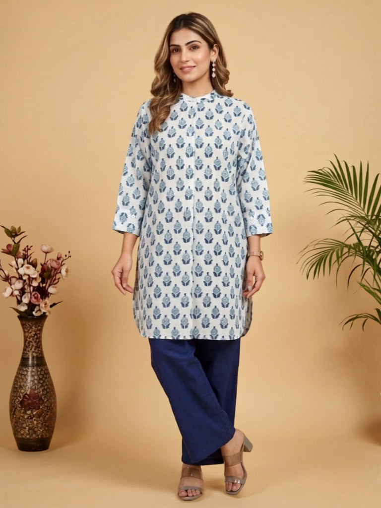 Pspeaches Women Cotton Full Sleeves Mandarin Collar Floral Print Kurta With Pant 2 Piece Set - White & Blue