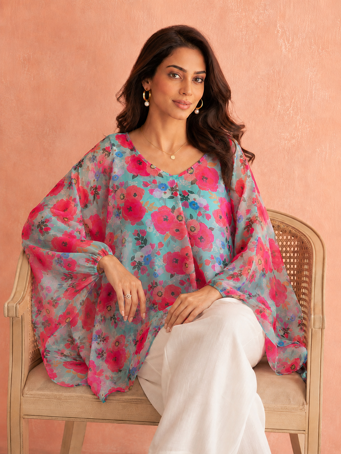 Pspeaches Women Georgette Full Sleeves V-Neck Floral Print Top With Camisole - Multicolor